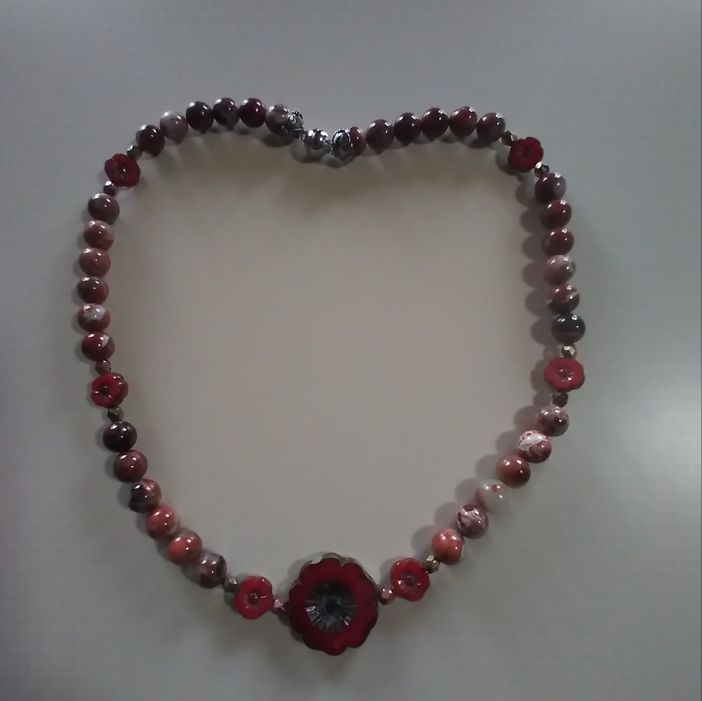 ✨️17" Picasso Jasper & Czech Glass🌺Flower Necklace ✨️ - Picture 7 of 9